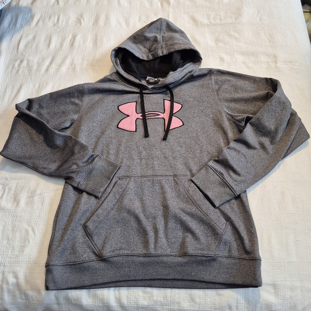 Under Armour women's size Large gray hoodie pink logo, front pocket VGUC